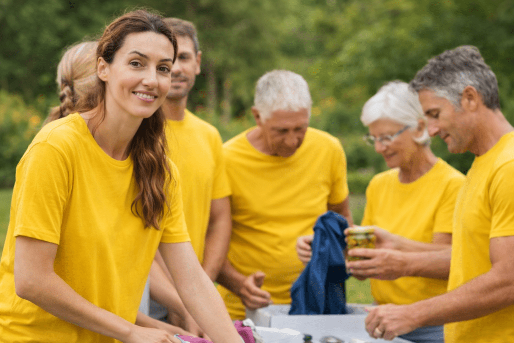 A group of volunteers in yellow shirts working together to sort and pack items outdoors in a green community setting.