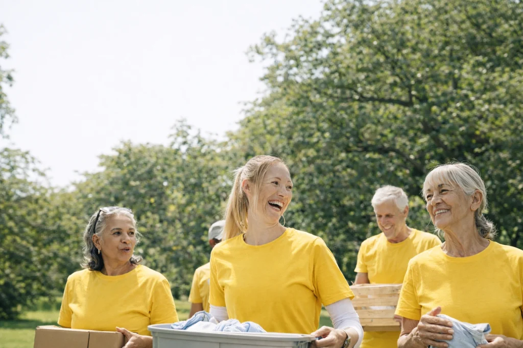 Lions volunteers working together outdoors, smiling and carrying supplies in a park setting.