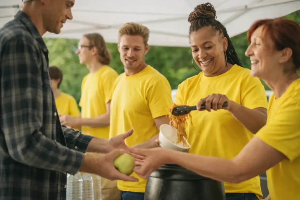 Volunteers in yellow shirts serving food to a community member at an outdoor event, smiling and working together.